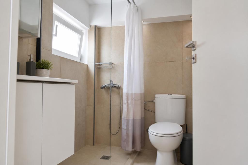 The bathroom with its walk-in shower, basin and window